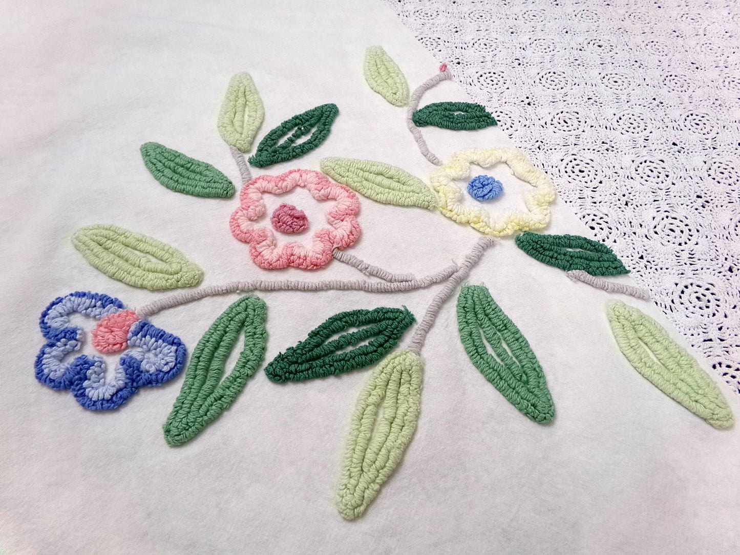 cottage style vintage chenille bedspread fabric 17x24" blue white floral