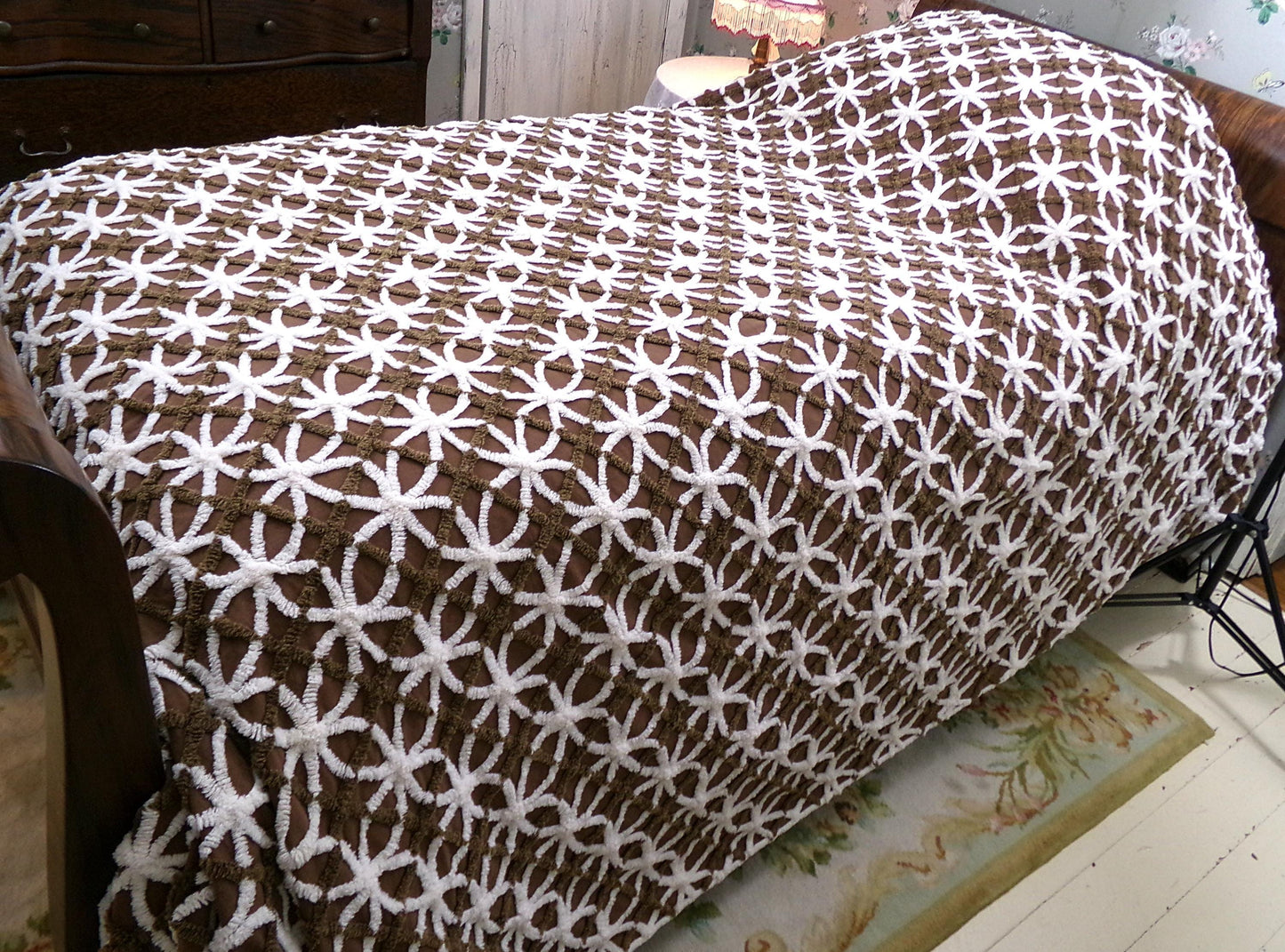 Vintage Chenille Bedspread: Chocolate Cookies Brown Full Size Cotton Bedding