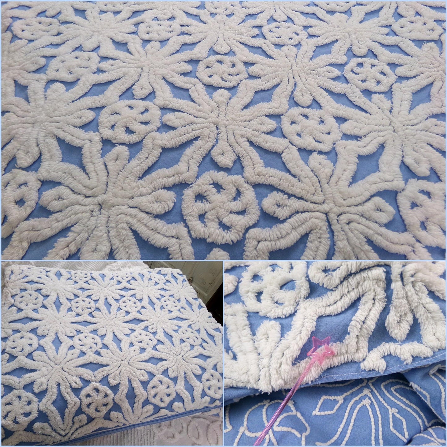 blue vintage chenille bedspread: icicle crystal white tufting, coastal cottage style full size cotton bedding