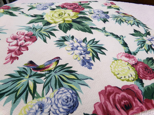 Vintage Barkcloth Fabric 22 x 22" Botanical Floral Exotic Birds Rose Peony Chinoiserie Mid Century