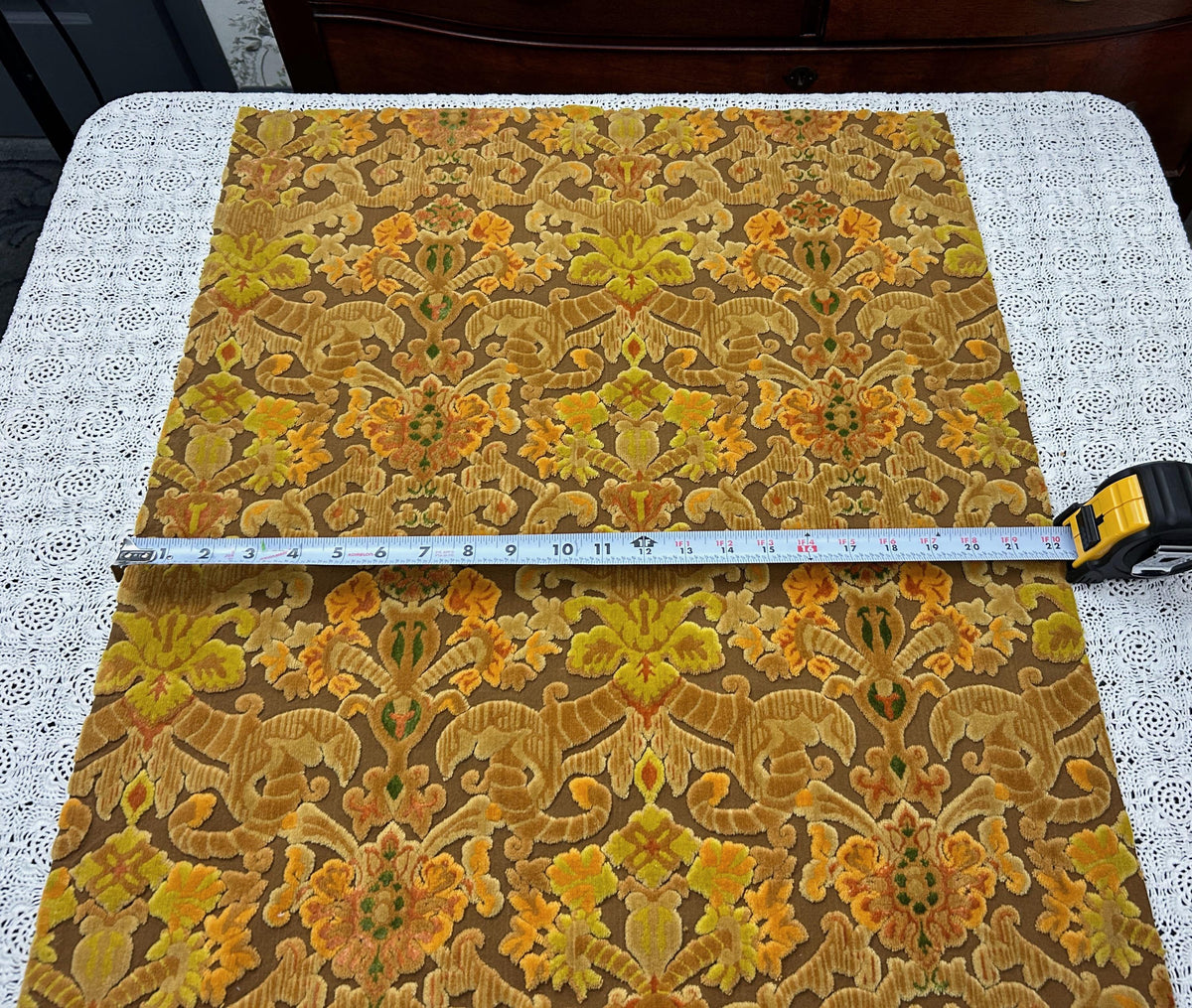 Vintage Cut Velvet Fabric, Copper Brown Boho Tapestry Style Chenille Material 31x21"