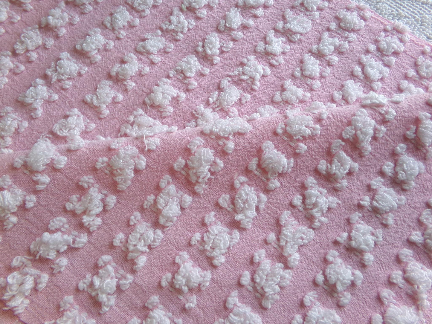 Carnation Pink White Rosebud Vintage Chenille Fabric, Soft Ombre Variations 18" x 25"