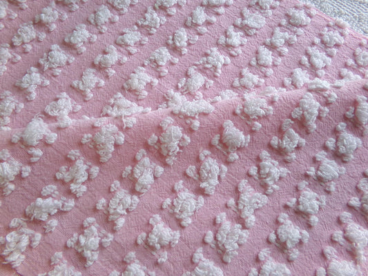 Carnation Pink White Rosebud Vintage Chenille Fabric, Soft Ombre Variations 18" x 25"