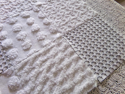 Snowstorm White Vintage Chenille Fabric Squares, Diamond Ice, Coin Pop, Squiggle & Micro Grid, Set of 16 Quilt Blocks, 6" x 6" inch each