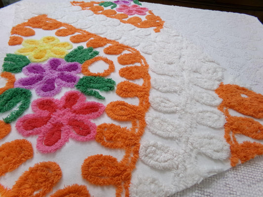 citrus floral vintage chenille bedspread fabric, orange & white quilt material, 16" x 25"