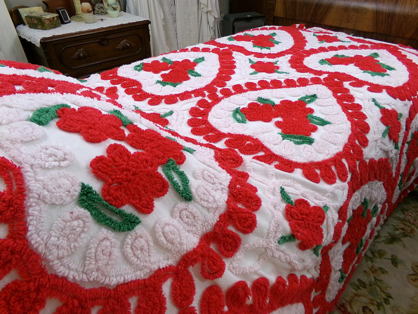 Vintage Chenille Bedspread - Red & White Hearts - Romantic Shabby Chic Cottage Decor - Full Size Bedding
