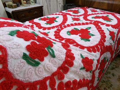 Vintage Chenille Bedspread - Red & White Hearts - Romantic Shabby Chic Cottage Decor - Full Size Bedding