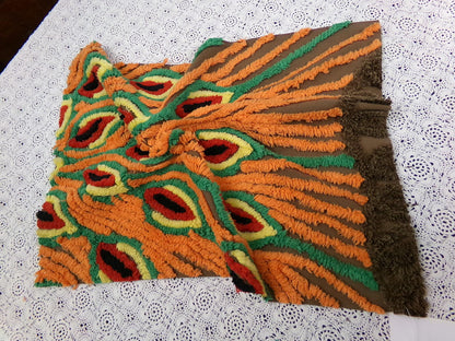 peacock feathers vintage chenille bedspread fabric boho exotic plumes brown orange 14.5x19.5"