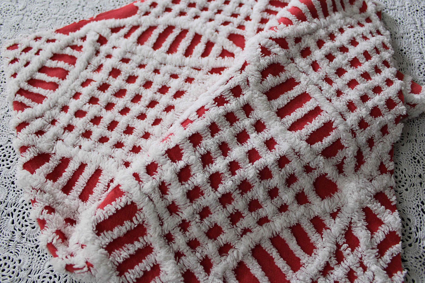 red & white chenille fabric, fun festive wedding rings, 19" x 27" inch piece, 100% lightweight cotton, great for vintage Christmas stockings