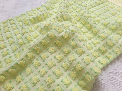 plump yellow rosebud vintage chenille fabric, cottage chic sewing & quilt material, 18" x 25"