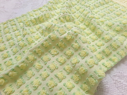 plump yellow rosebud vintage chenille fabric, cottage chic sewing & quilt material, 18" x 25"