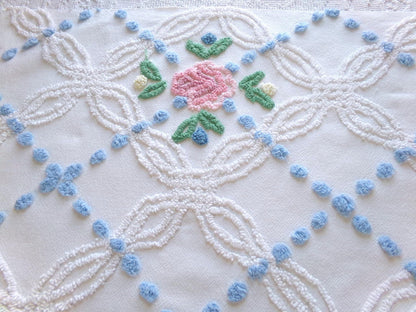 favorite cottage style vintage chenille fabric, pink roses & blue dots, 20" x 27" piece of white sewing material for quilting and crafts