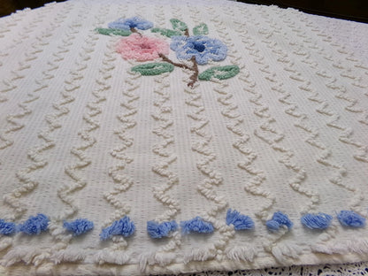 Vtg Chenille Bedspread Fabric Floral Seersucker Zig Zag 24x28" Sewing Material