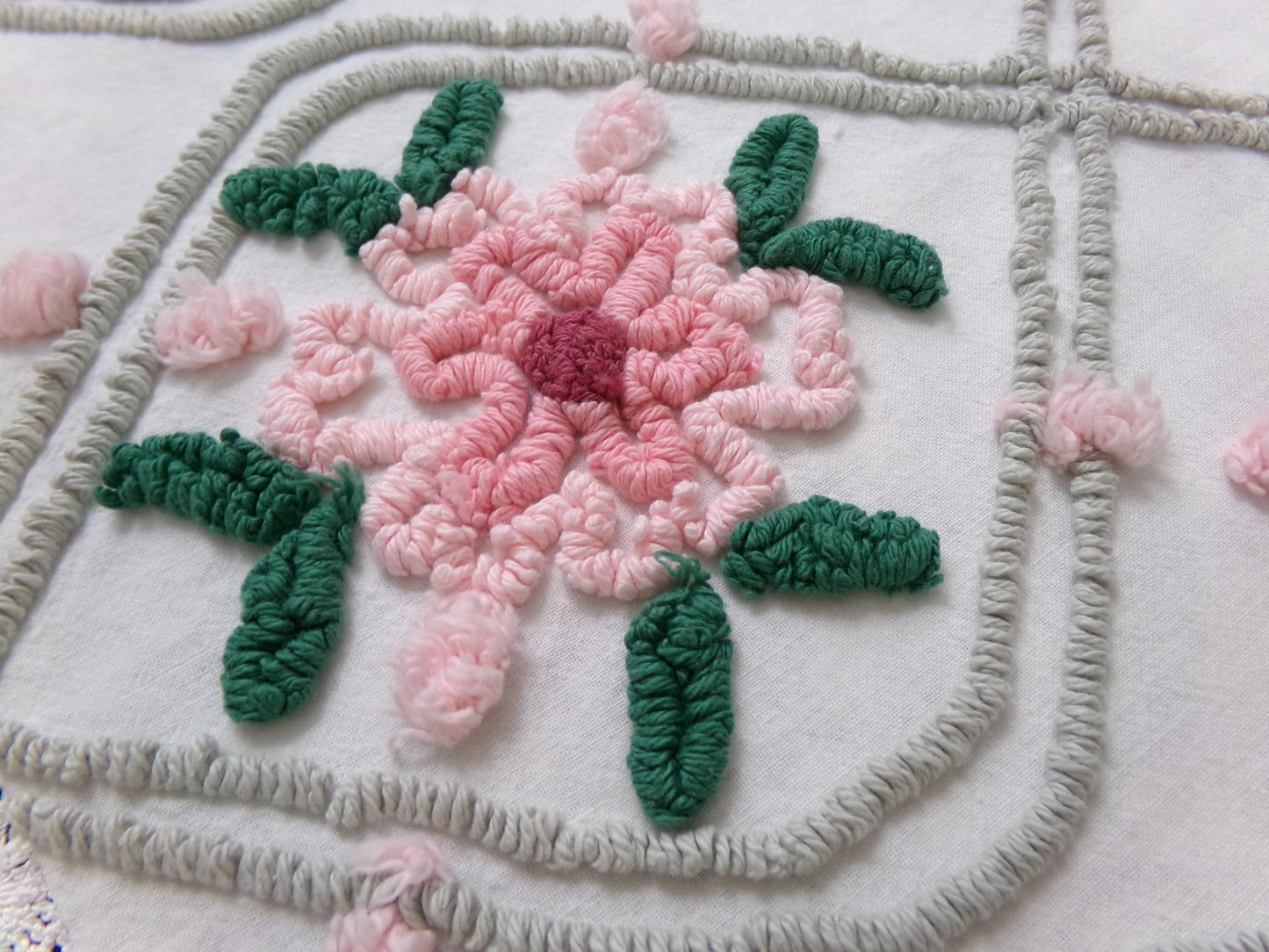 Romantic Rose Vintage Chenille Bedspread Fabric Dove Grey, Pink White Quilt Material 16" x 24"