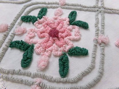 Romantic Rose Vintage Chenille Bedspread Fabric Dove Grey, Pink White Quilt Material 16" x 24"