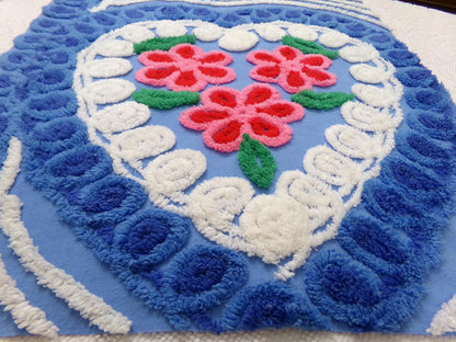 American Spirit Vintage Chenille Fabric Blue Floral Heart Scroll 19x24"