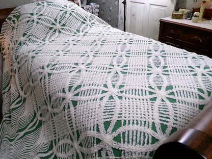 elegant evergreen vintage chenille bedspread, white geometric tufting, full size cotton bedding