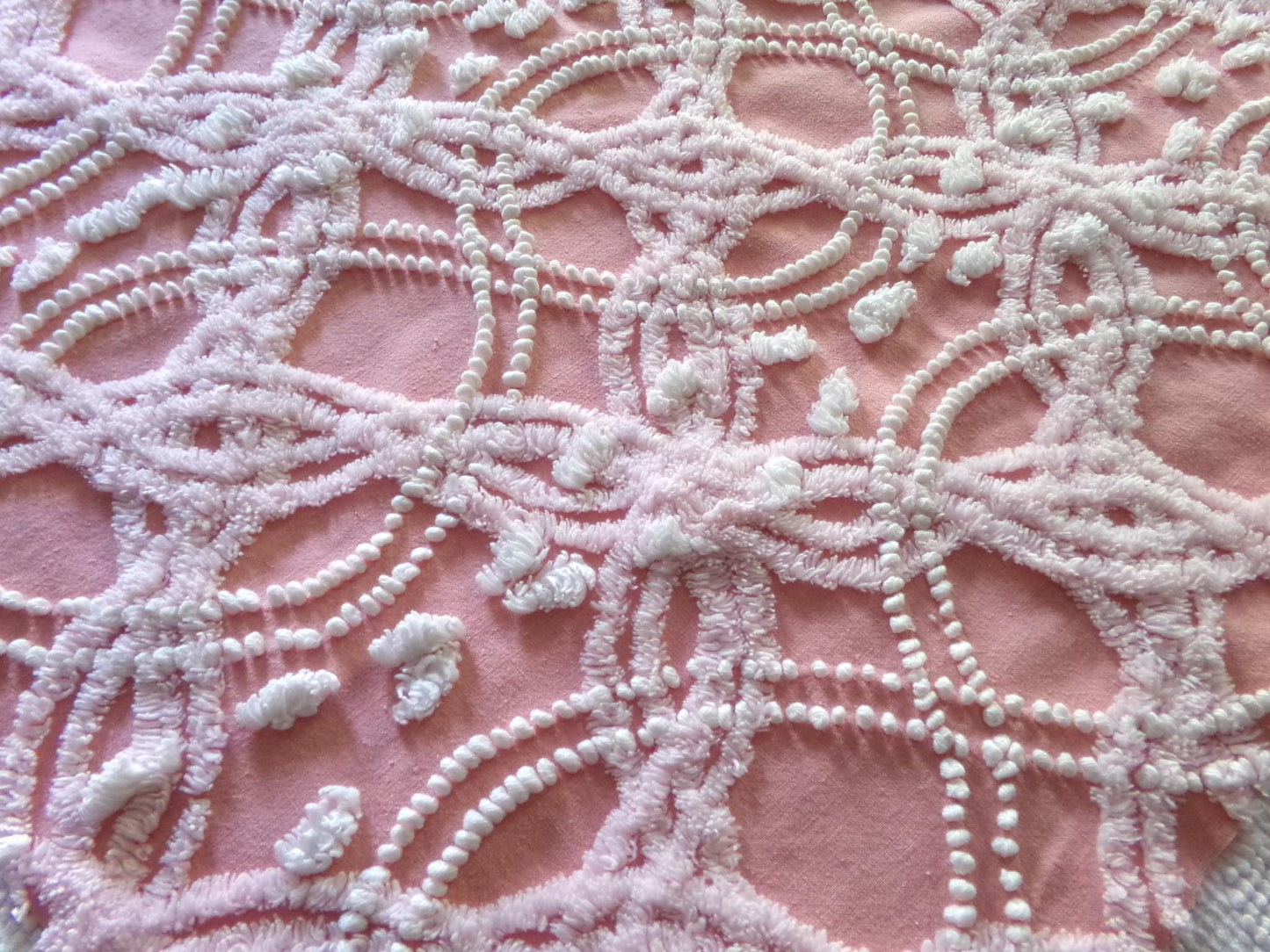 rosy pink vintage chenille fabric, infinity tuft & pearl pops design, 21" x 22" piece of sewing quilt material