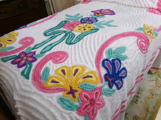colorful cottagecore vintage chenille bedspread in a plush statement floral design, 100% cotton white full size bedding
