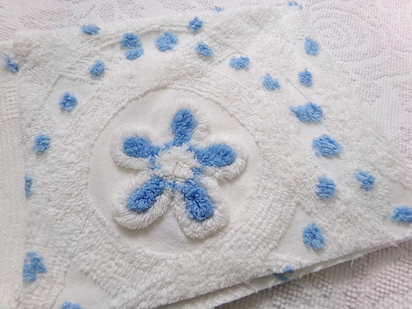 Boho Coastal Vintage Chenille Bedspread Fabric, Blue Circle Dot Flowers 24" x 20" Piece