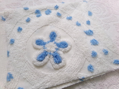 Boho Coastal Vintage Chenille Bedspread Fabric, Blue Circle Dot Flowers 24" x 20" Piece