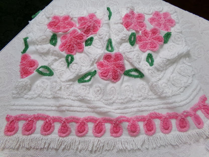 Pink White Floral Vintage Chenille Bedspread Fabric Sewing & Quilt Material 20" x 26"