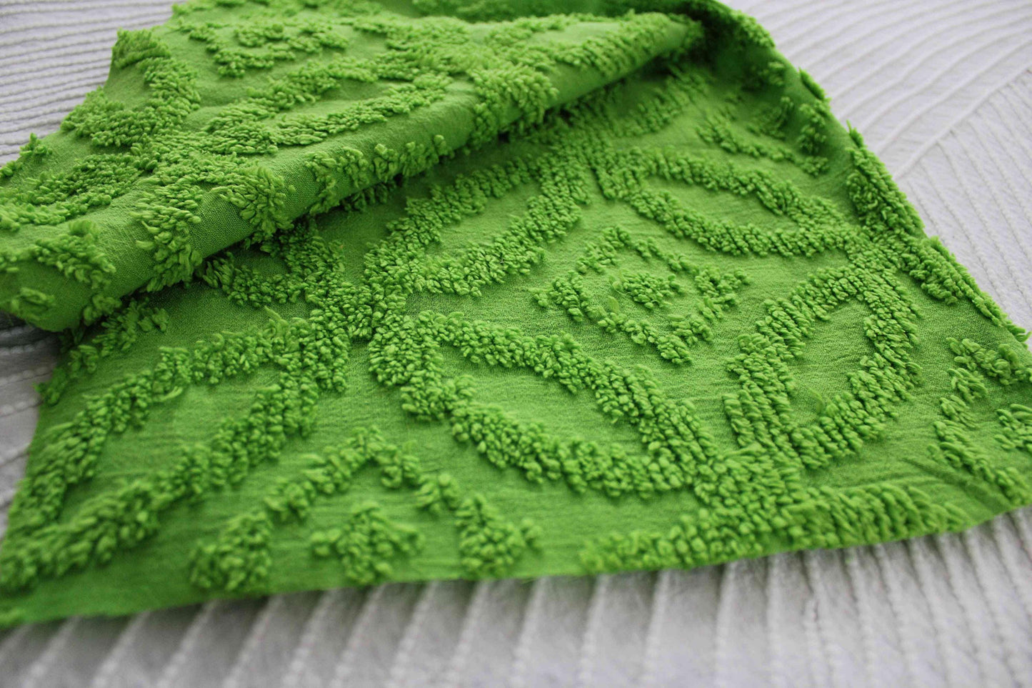 Vintage Neon Green Chenille Fabric Piece Lightweight Lime Cotton 22x24"