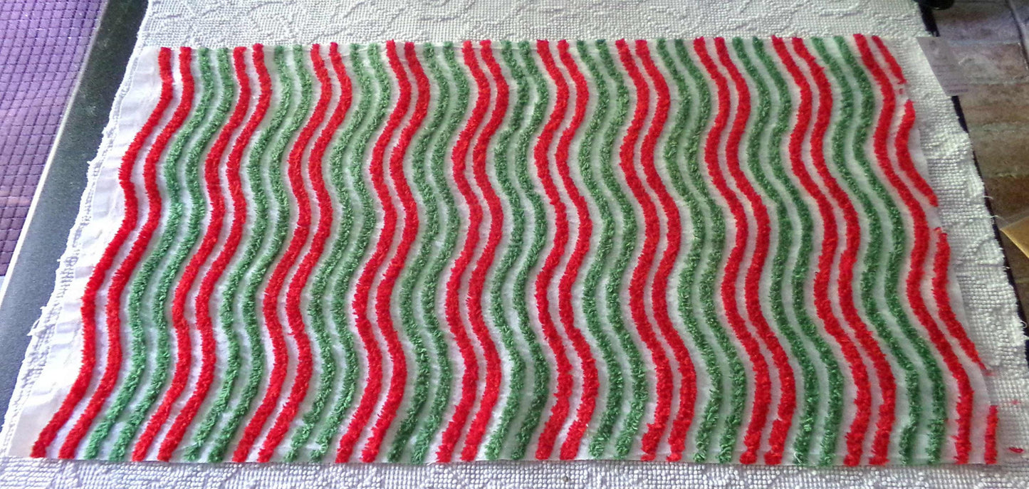 red & green ripple striped chenille fabric, festive vintage sewing material for Christmas stockings, holiday crafts, 15" x 28" inch piece