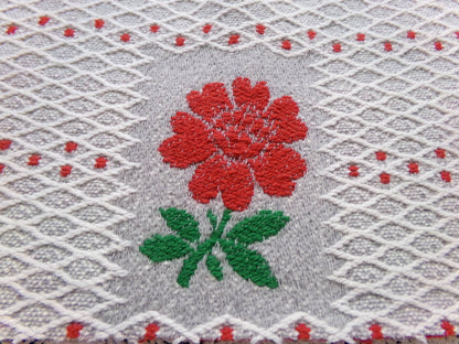 Vintage Woven Fabric, Steel Grey Red Floral Lattice Reversible Cut Piece 24" x 27"