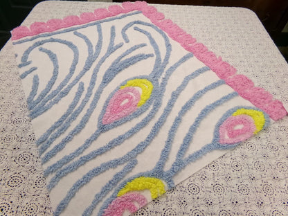 vintage style chenille bedspread fabric boho peacock feathers pink blue 19x26"