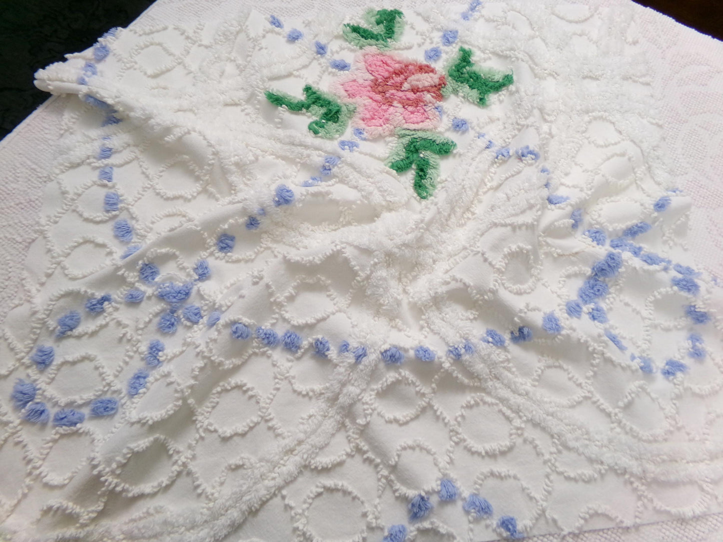 shabby cottage vintage chenille fabric, pink rose quilt material, 22" x 25" piece
