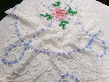 shabby cottage vintage chenille fabric, pink rose quilt material, 22" x 25" piece