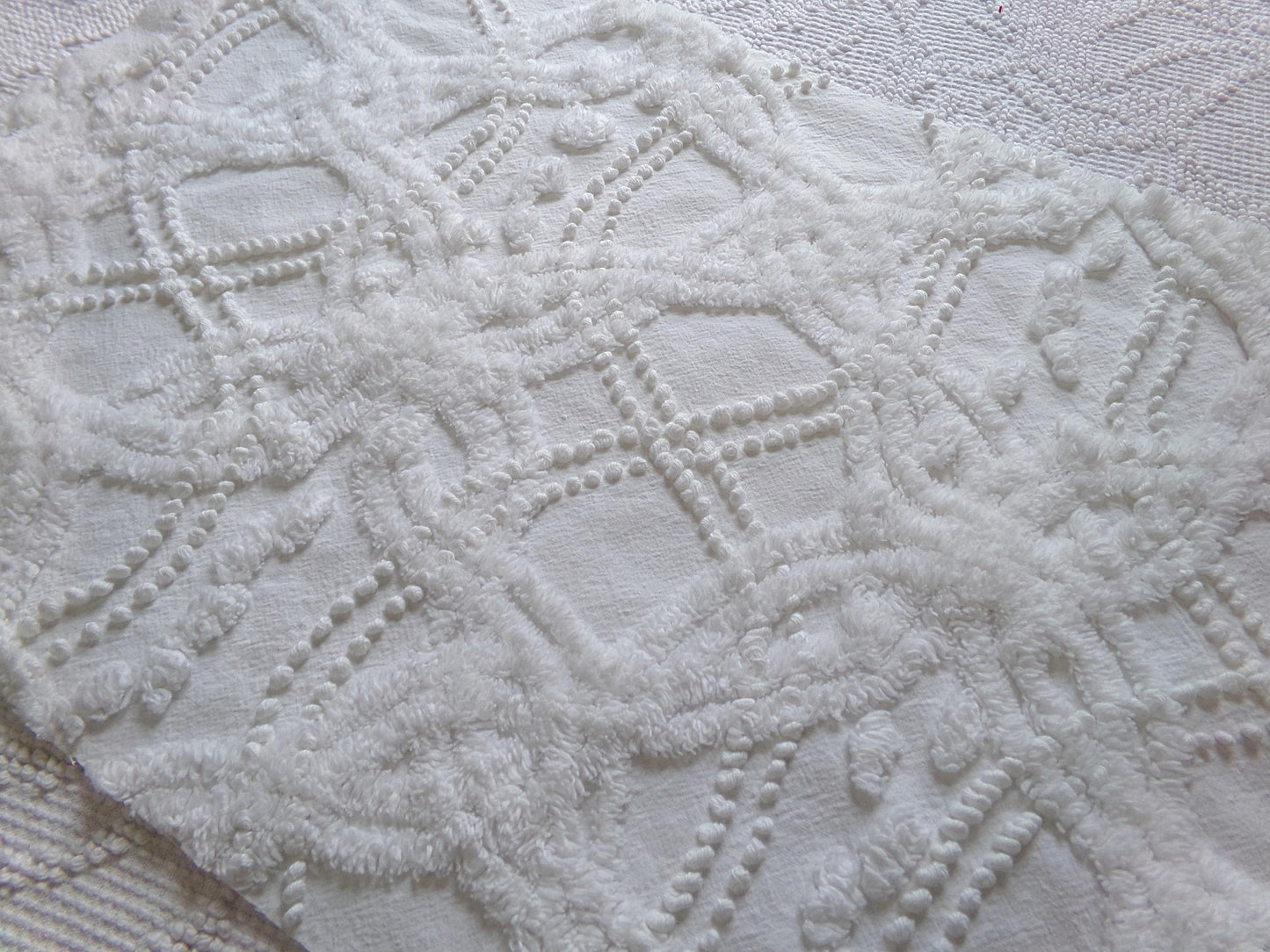 elegant white eternity links vintage chenille fabric, 12" x 18" piece of cotton sewing material for crafts, quilts, pillows
