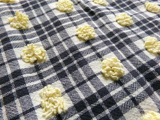 black plaid vintage chenille bedspread fabric, yellow popcorn sewing & quilt material, 18" x 24"