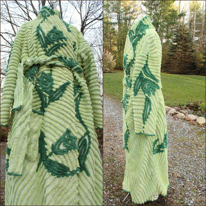 plant lady beautiful chenille robe, shabby upcycled women's bathrobe from tulip floral vintage chenille bedspread fabrics, in size L/XL