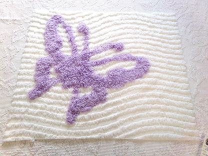 lilac butterfly vintage style chenille fabric, 19" x 15" piece of cotton sewing material, upcycle into pillows, quilts
