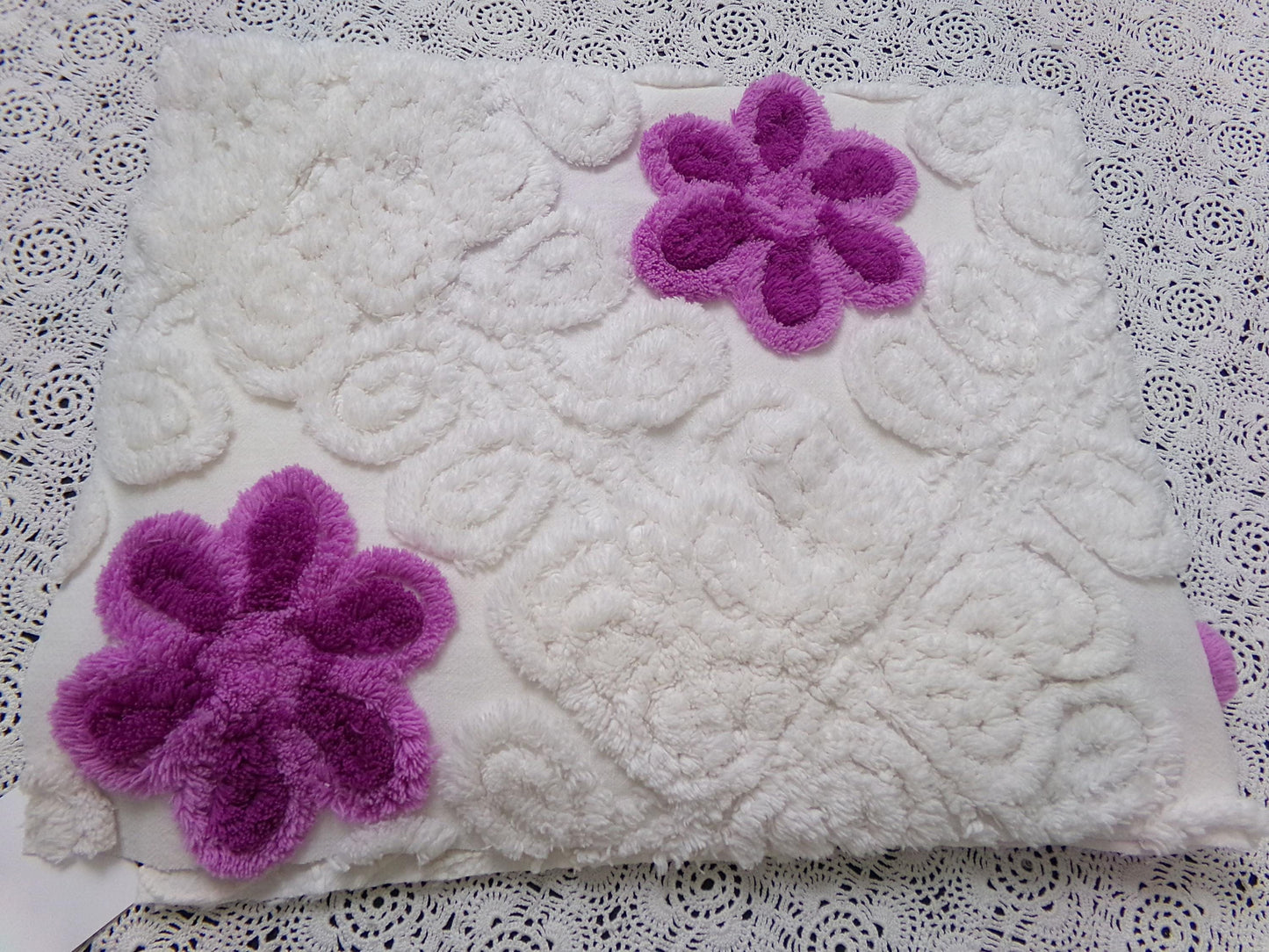 Snowy Violets Vintage Chenille Bedspread Fabric Purple & White 26 x 20" Piece