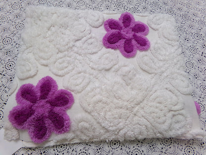 Snowy Violets Vintage Chenille Bedspread Fabric Purple & White 26 x 20" Piece