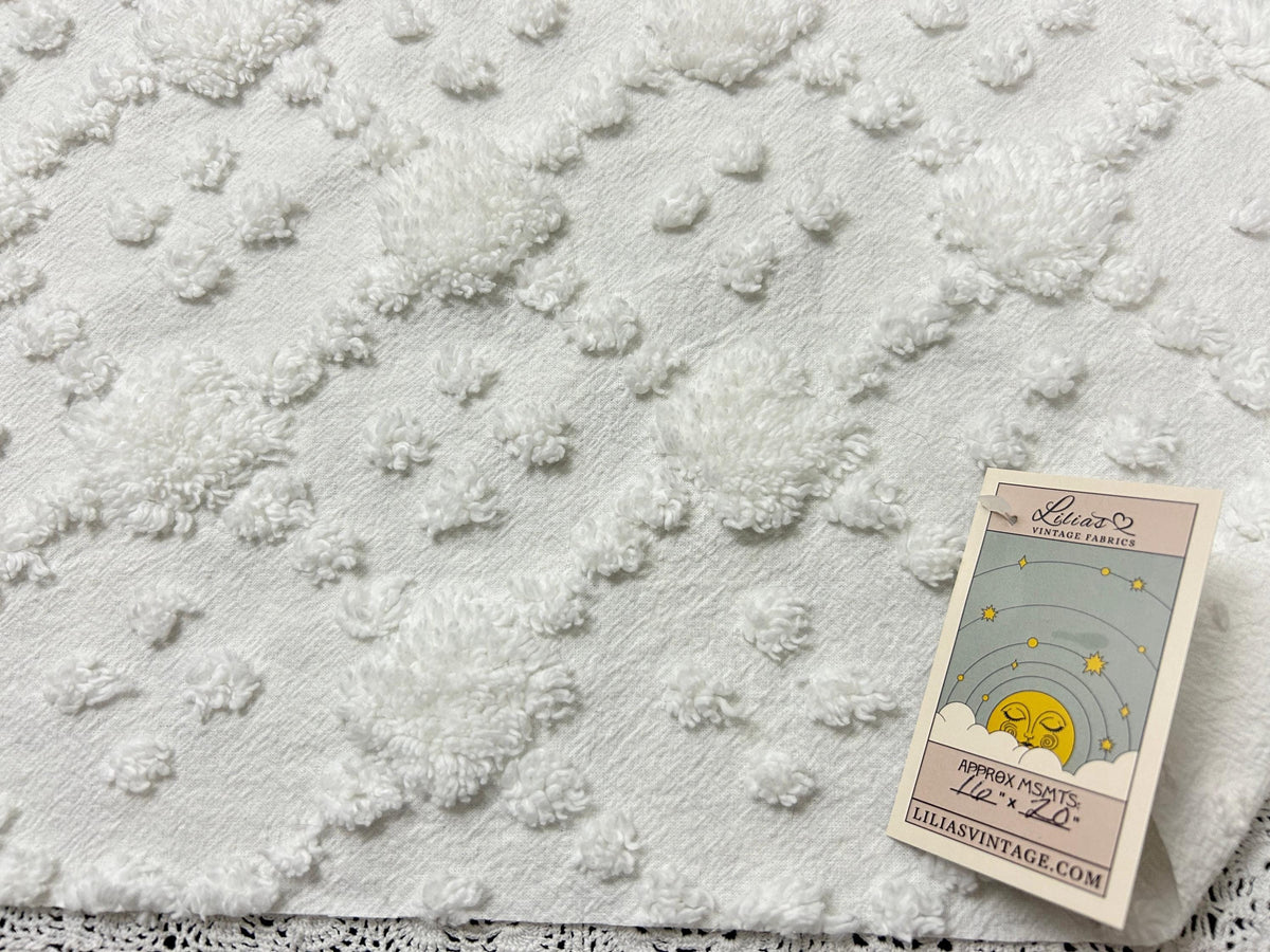 Minimalist White Vintage Style Chenille Fabric, 16x20" Quilt Sewing Textile