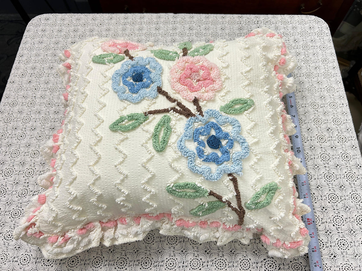 Floral Ruffled Vintage Chenille Pillow Cover 18" Square Seersucker