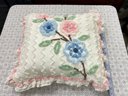 Floral Ruffled Vintage Chenille Pillow Cover 18" Square Seersucker
