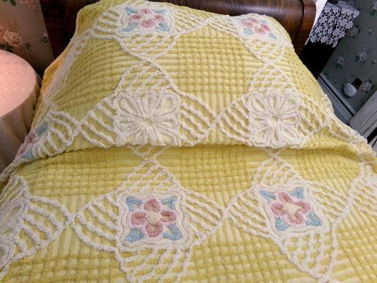 field of gold vintage chenille bedspread, elaborate geometric floral design, full size cotton bedding