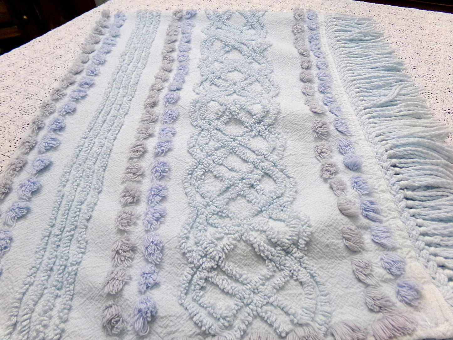 cool blue grey vintage chenille bedspread fabric boho fringe 13x36" cabin crafts
