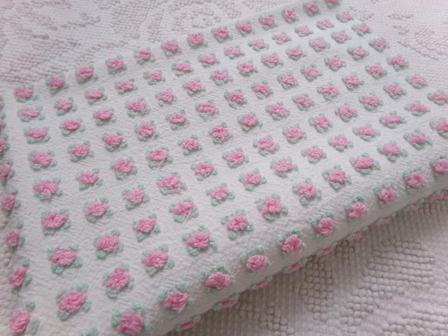 Shabby Tiny Tuft Pink Rosebud Vintage Chenille Fabric, Mini Rose Pattern, 20" x 12"