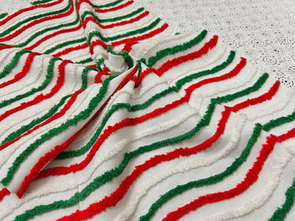 Vintage Christmas Chenille Fabric, Red, Green & White Ripple Stripe 16x27"