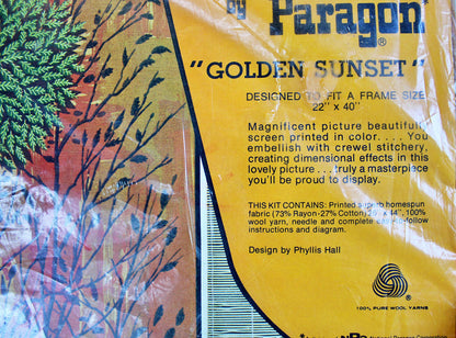 GOLDEN SUNSET Vintage Crewel Kit, *NO Thread* Paragon Embroidery #0611, Huge Boho 70s Wall Hanging, Phyllis Hall