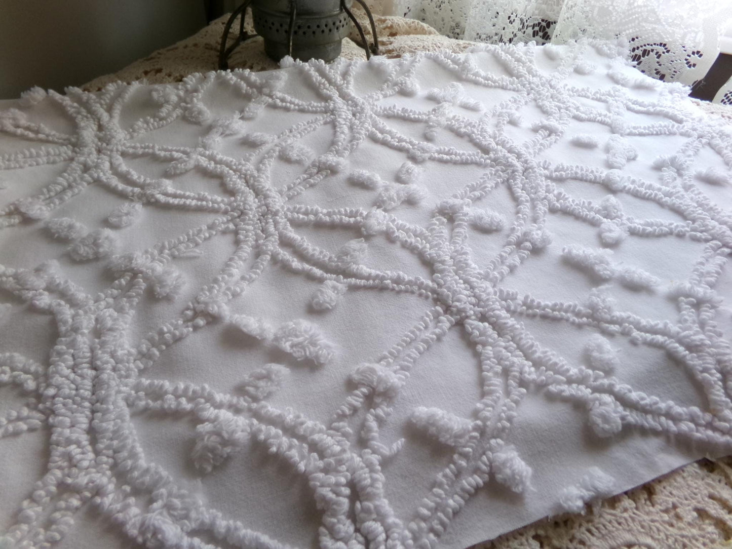 timeless white vintage chenille fabric, classic wedding ring & pop design, 18" x 24" piece of sewing, craft, quilt material