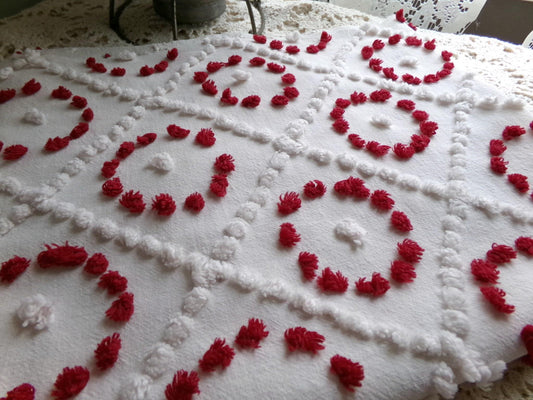 ruby red & white vintage chenille fabric, antique handtufted 20"x 25" piece quilt material