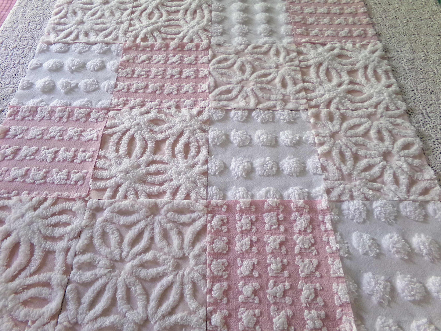 Pink Wink Quilt Squares Set from Vintage Chenille Bedspread Fabric, 16 Blocks, 6" x 6" inch