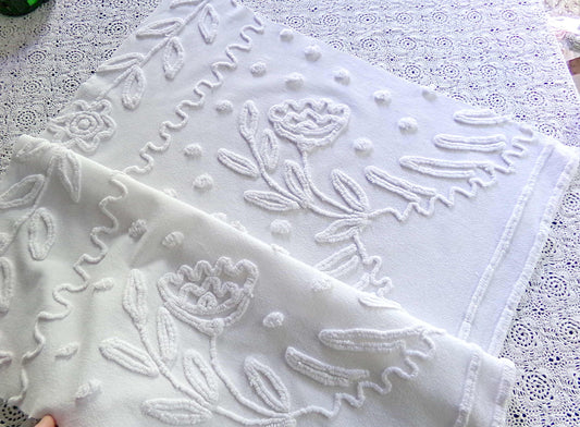 Elegant White Vintage Chenille Fabric, 20" x 23" inch Piece of Sewing Material for Quilts & Crafts